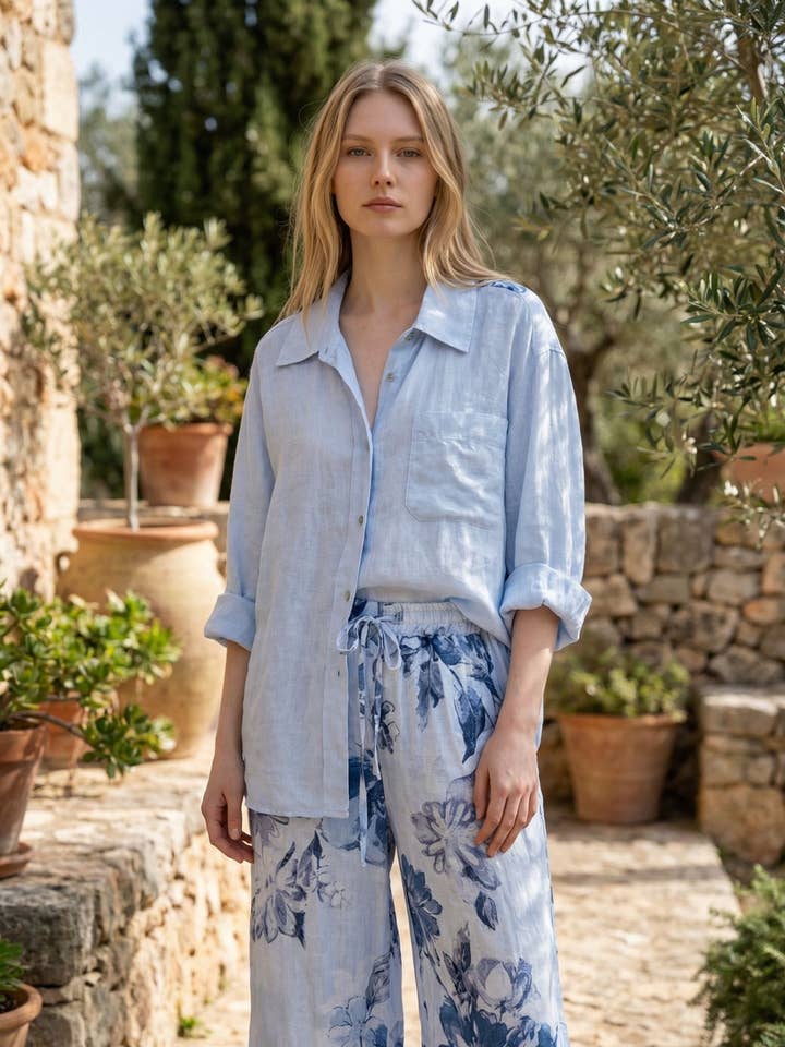 Conjunto camisa/calças estampado em linho F053/9925-LIN IMP por atacado de NOELINE