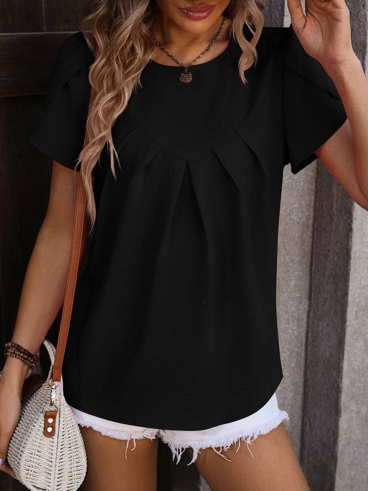 NINEXIS - Wholesale Blouse - Women's - CWTBLS0393_Round Neck Short Sleeve Blouse