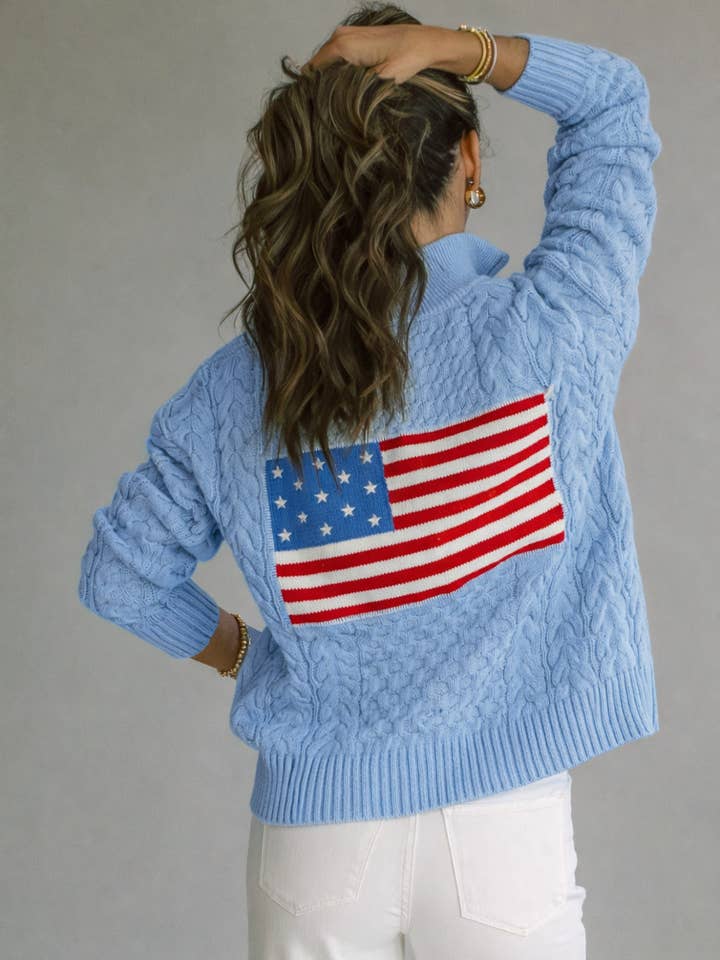 FLAG 1/2 Zip Cable Sweater French Blue for wholesale by Pink Pineapple
