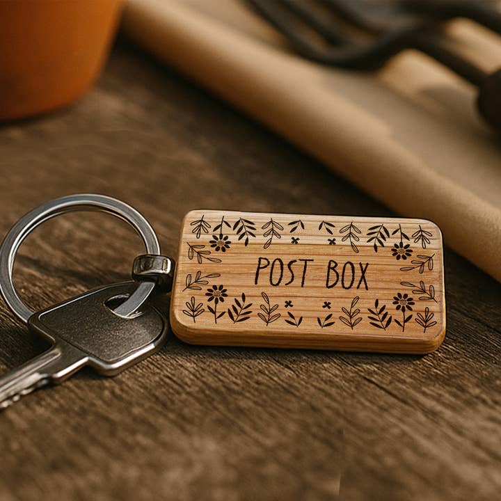 The Potting Shed 'Post Box' Oak Rectangle Keyring for wholesale by CGB Giftware
