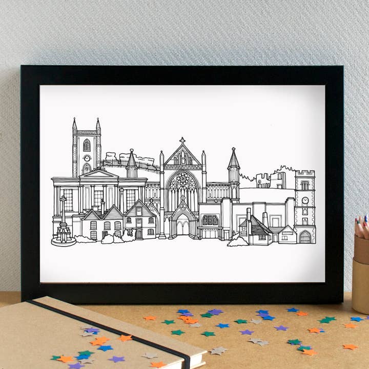 St Albans Skyline Landmarks Art Print - unframed for wholesale by Becka Griffin Illustration
