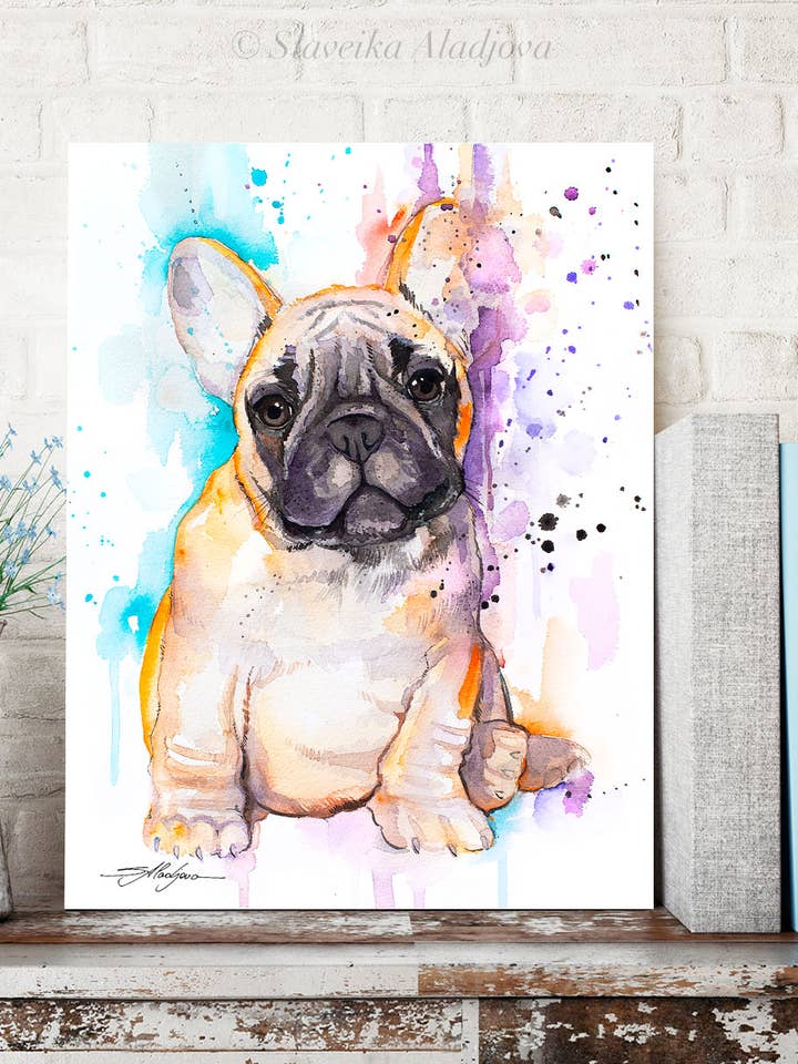 Baby fawn french bulldog, Dog Watercolor Painting Print for wholesale by Slaveika Aladjova