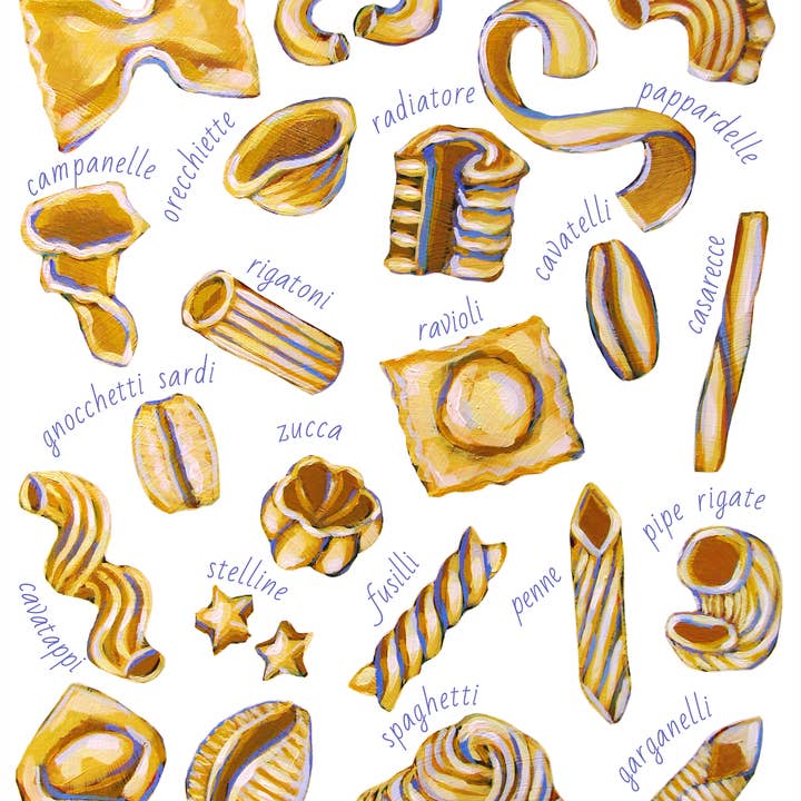 Laurel Greenfield Art - Wholesale Art Print - Guide To Pasta Shapes - Food Lovers Kitchen Art Print
