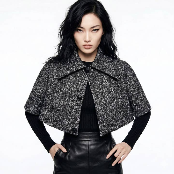 The Black and White Tweed Cape with Yoke for wholesale by Sumie Tachibana