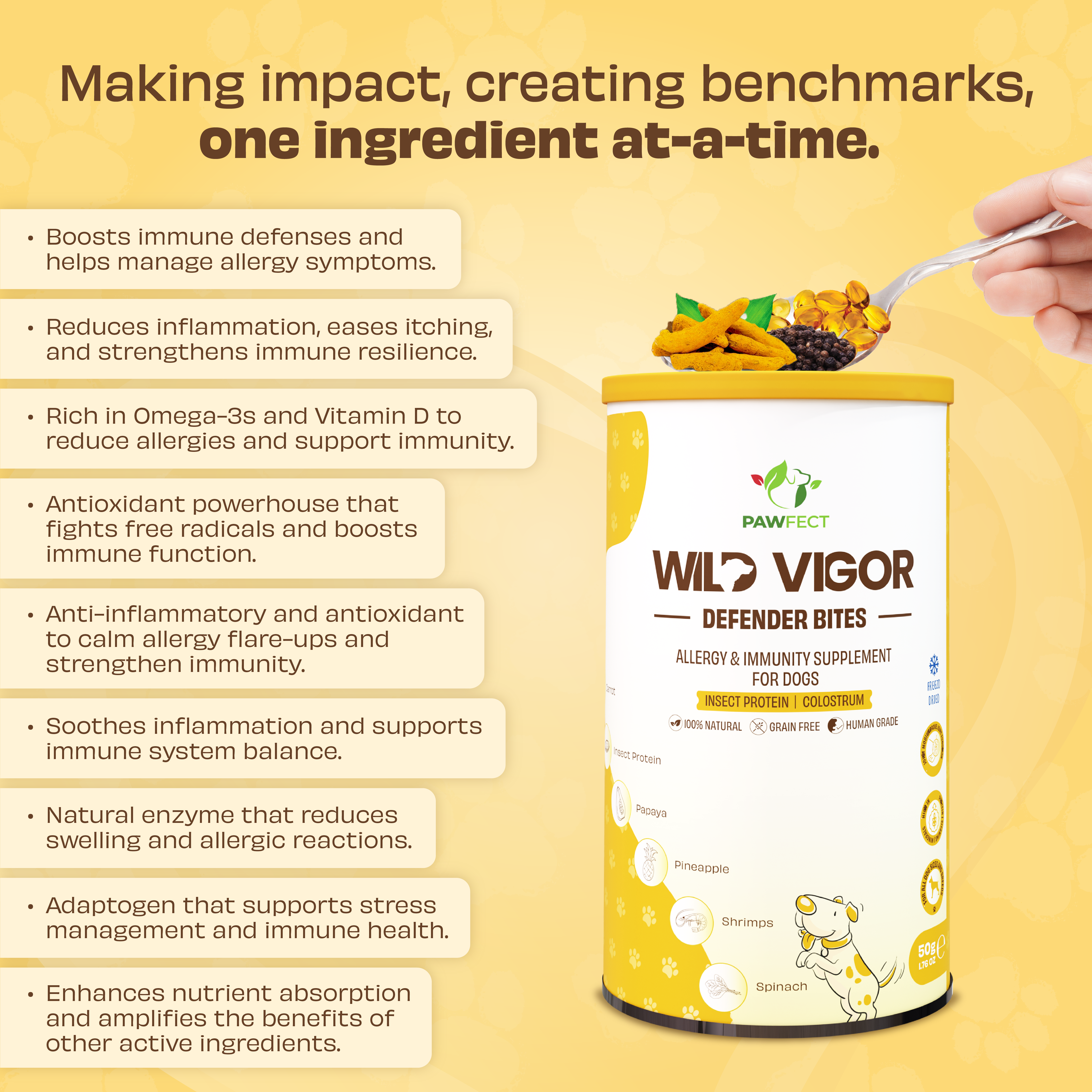 Pawfect Foods - Venta al por mayor Suplemento - Perros - Pawfect Wild Vigor Defender Bites | Suplemento para Alergias e Inmunidad para Perros | Refuerzo de Omega 3 | 100% Natural | Sin Cereales | Enriquecido con Proteína de Insecto, Calostro, Quercetina y Biotina (70g/2.46oz)2