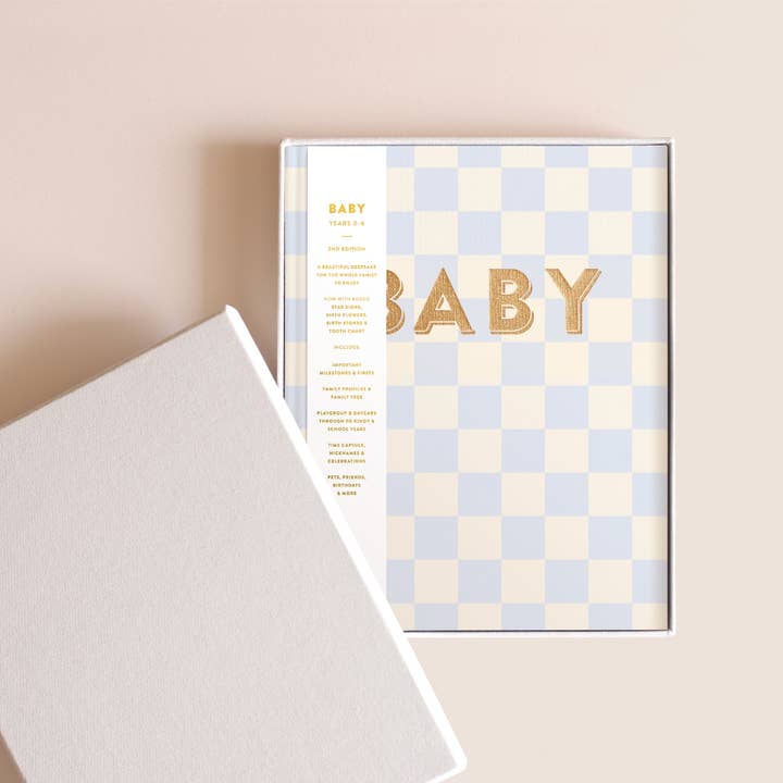 Baby Book Blue Check Boxed for wholesale by Fox & Fallow