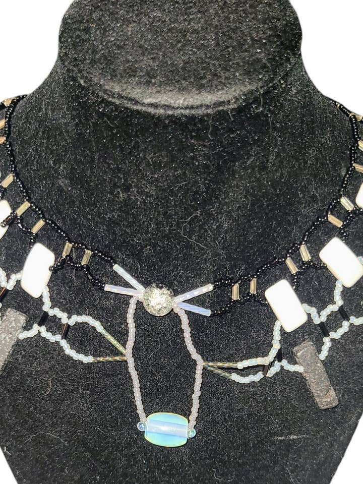 Black and White Burnished Collar Necklace for wholesale by Tsuga Beadwork