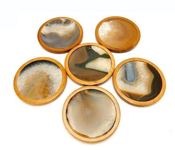 Rock Paradise - Wholesale Coasters - Crystal Agate Coasters in Wood Set1