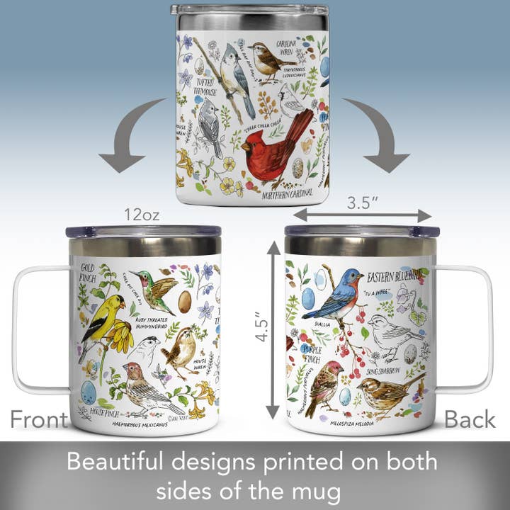 CounterArt/Highland Home/Thirstystone/CoasterStone - Wholesale Coffee/tea cup - "Drawn To Birds" Stainless Steel Mug w/Lid 12 oz.4