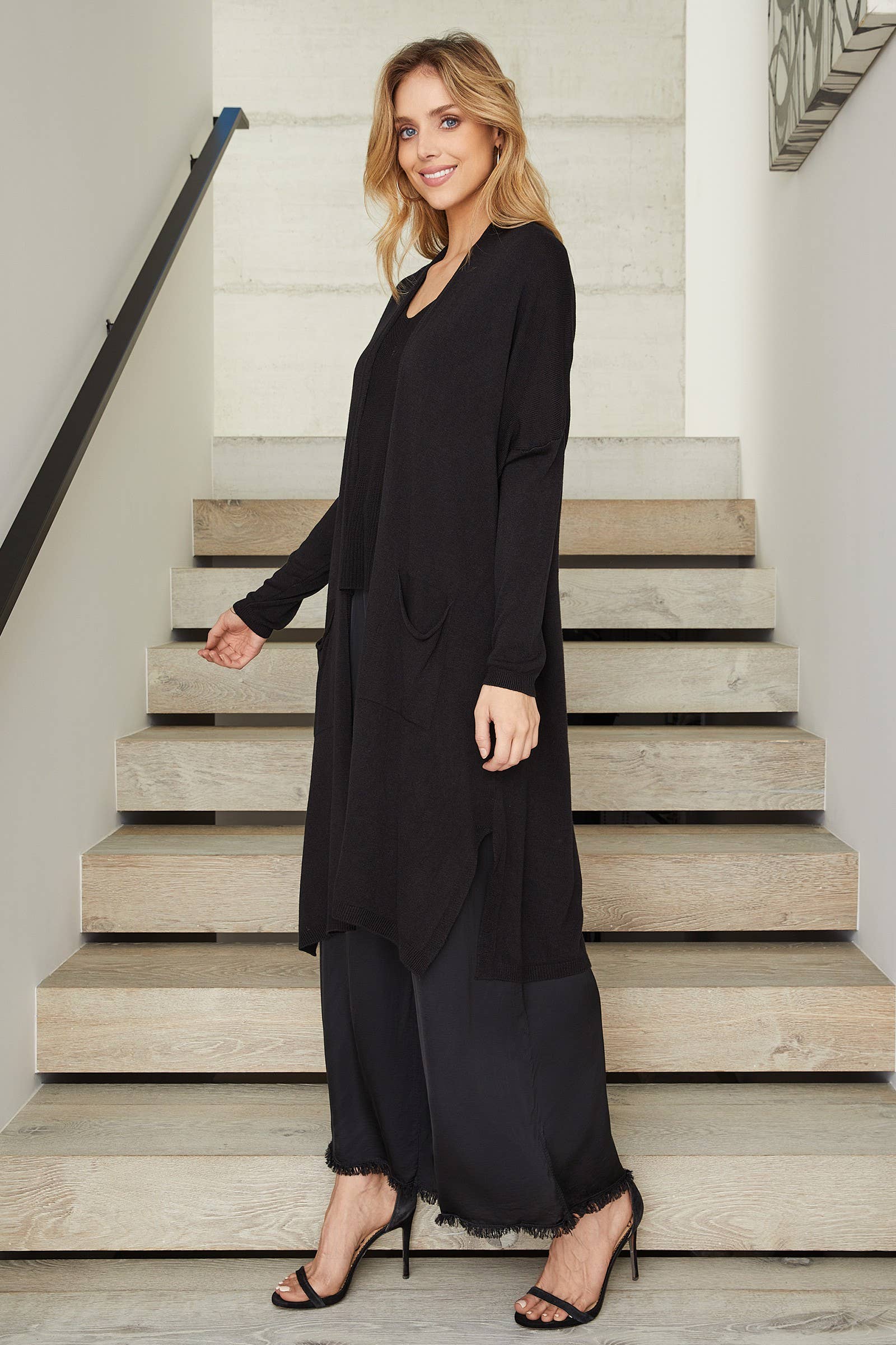 MILIO MILANO - Wholesale Cardigan - Women's - MODAL KNIT CARDIGAN WITH POCKETS (12137-BLACK)1