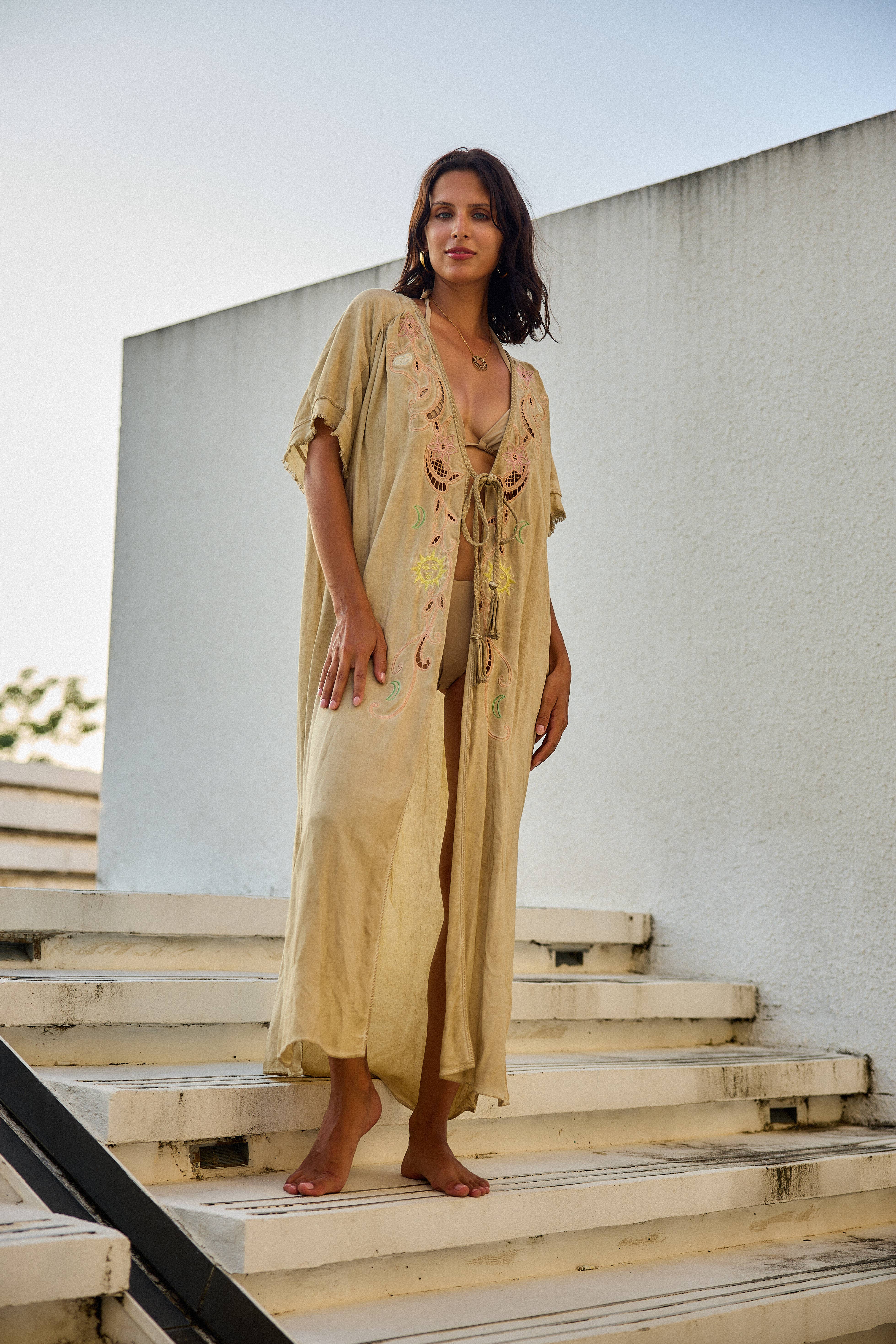 Beige Kimono dress, cut-out embroidery front and back for wholesale on Faire3