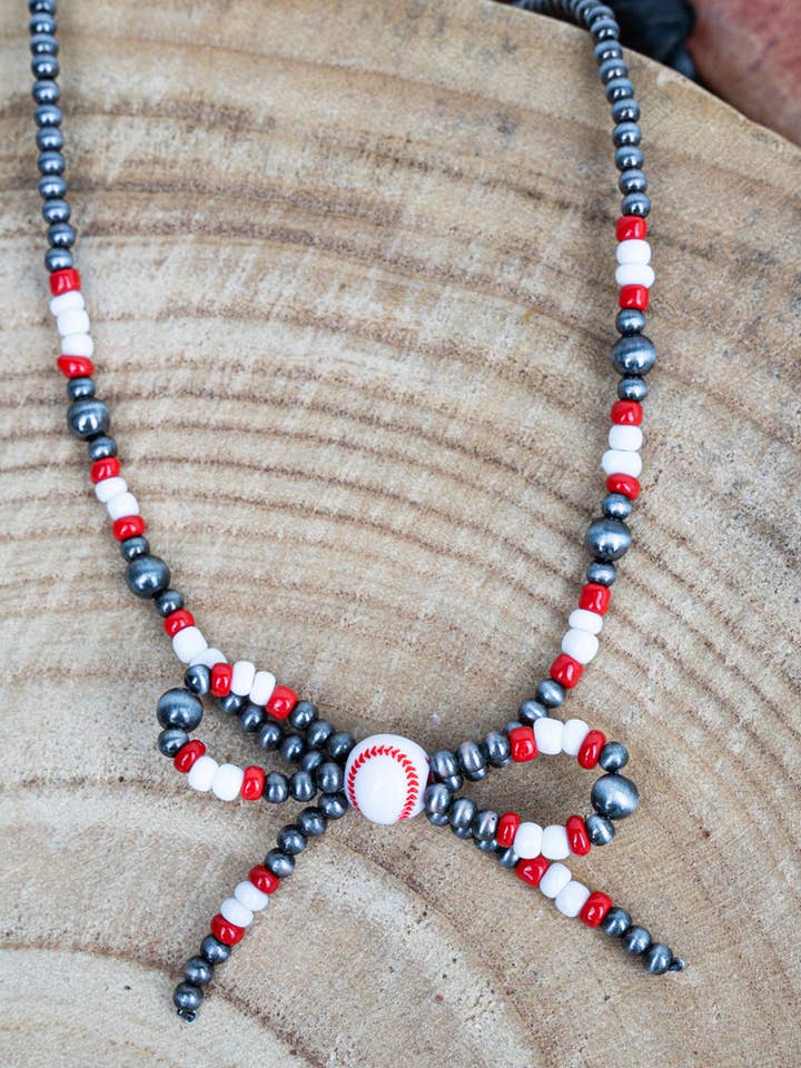TIPI Red & White Baseball Bow Necklace for wholesale by Wholesale Accessory Market