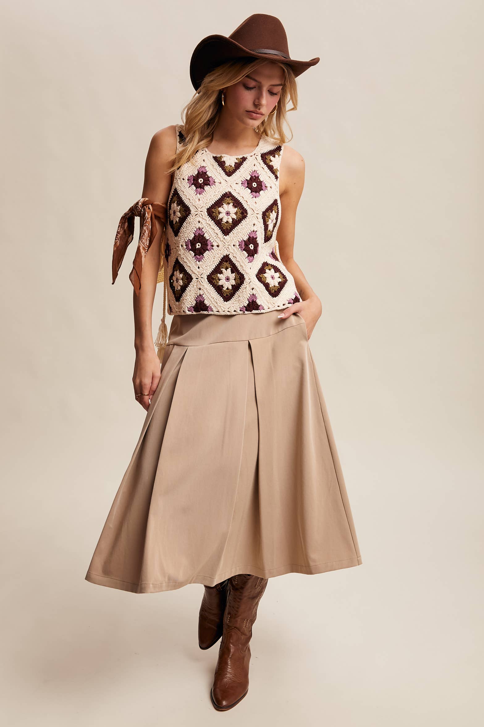 Listicle - Wholesale Sweater Vest - Women's - Crochet Granny Square Tassel Tie Vest LSW100619