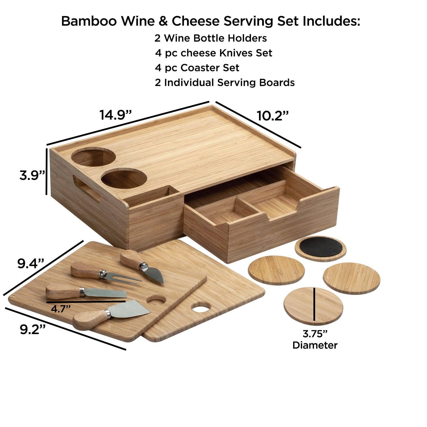 MobileVision - Wholesale Serving Tray - Bamboo Wine & Cheese Serving Tray with Drawer1