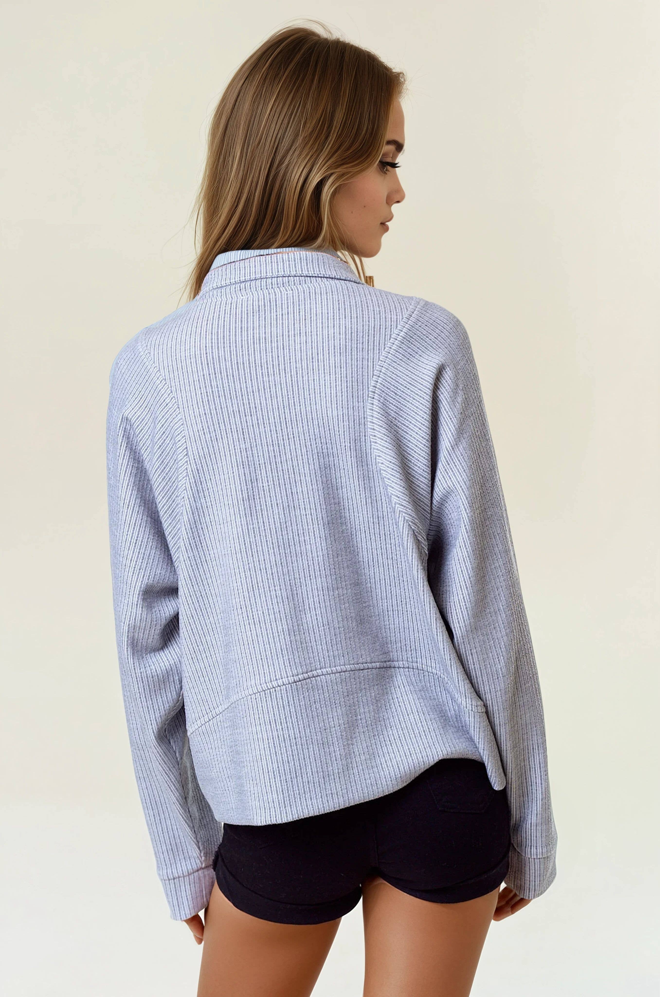 Doe and Rae - Wholesale Sweatshirt - Women's - Stripe Textured Half Zip-Up Long Sleeve Sweatshirt -43836T-18