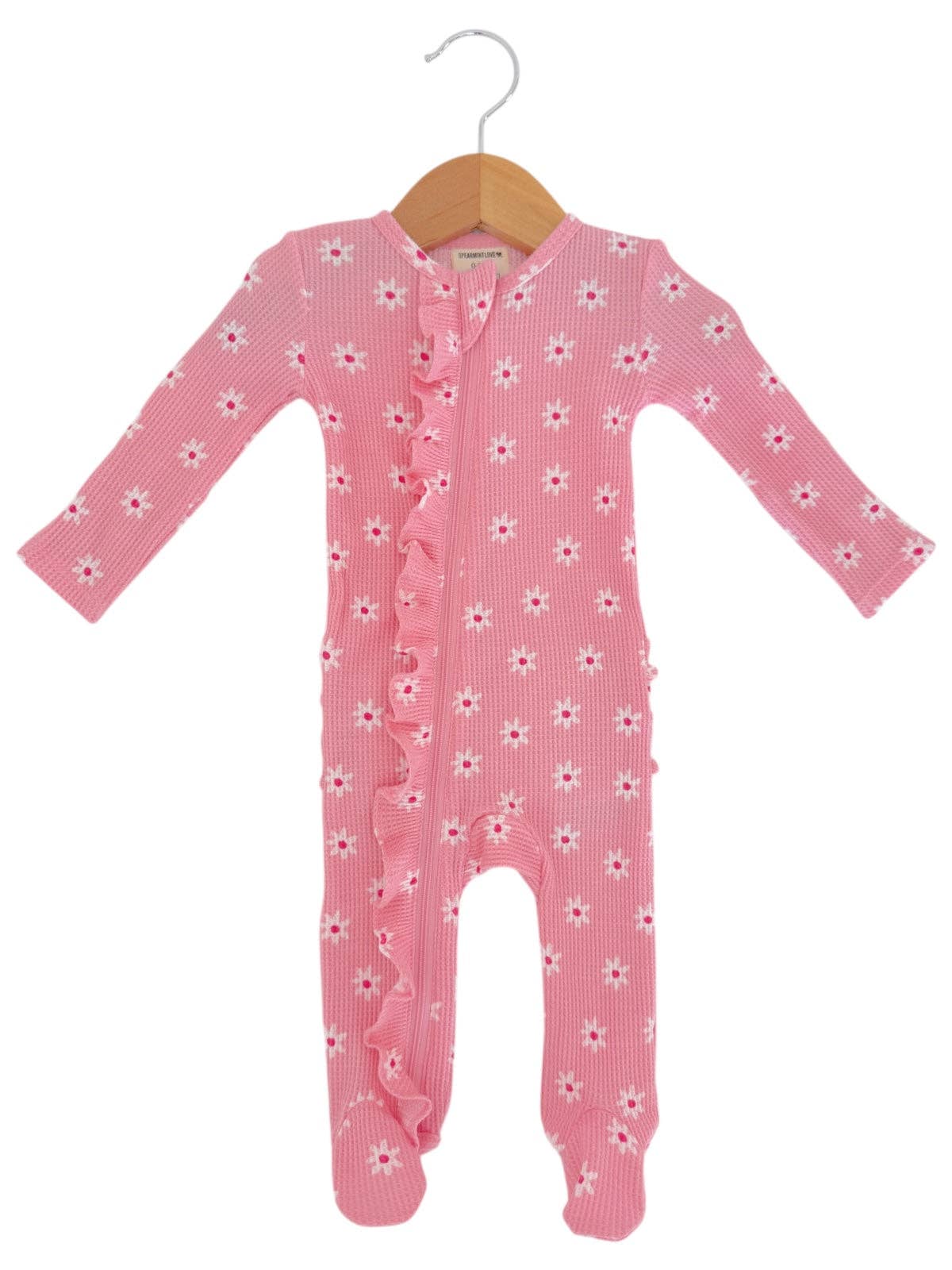 SpearmintLOVE - Wholesale Jumpsuit - Baby - Organic Waffle 2-Way Zip Ruffle Footie, Pink Flower1