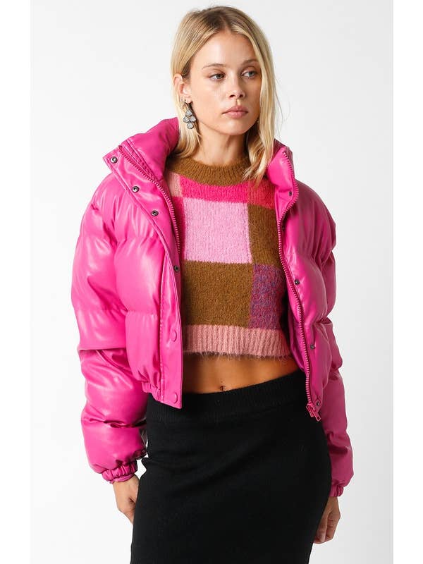 Olivaceous - Wholesale Puffer Jacket - Women's - Faux Leather Puffer Jacket8