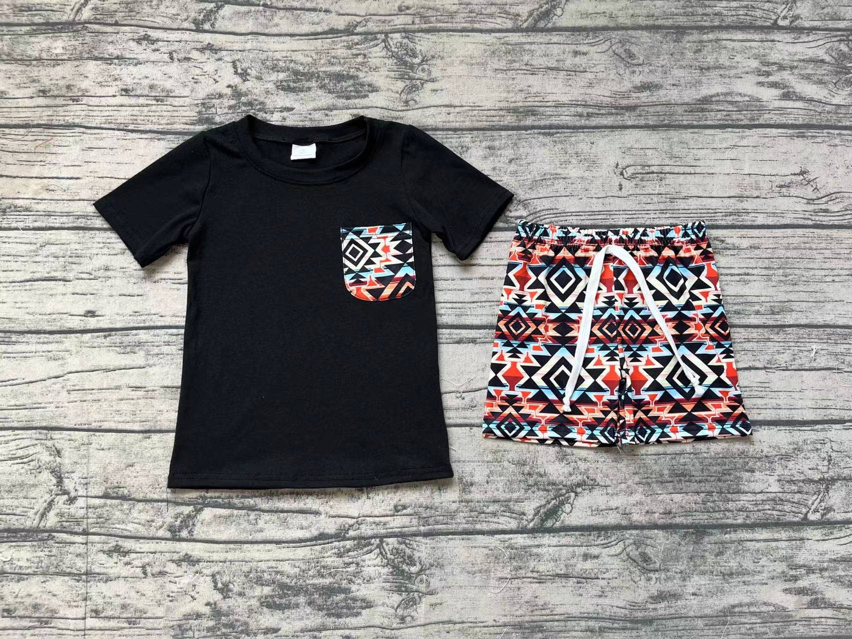 Aier Wholesale - Wholesale Top & Short Set - Kids - Baby Boys Western Black Shirt Aztec Shorts Clothes Sets1