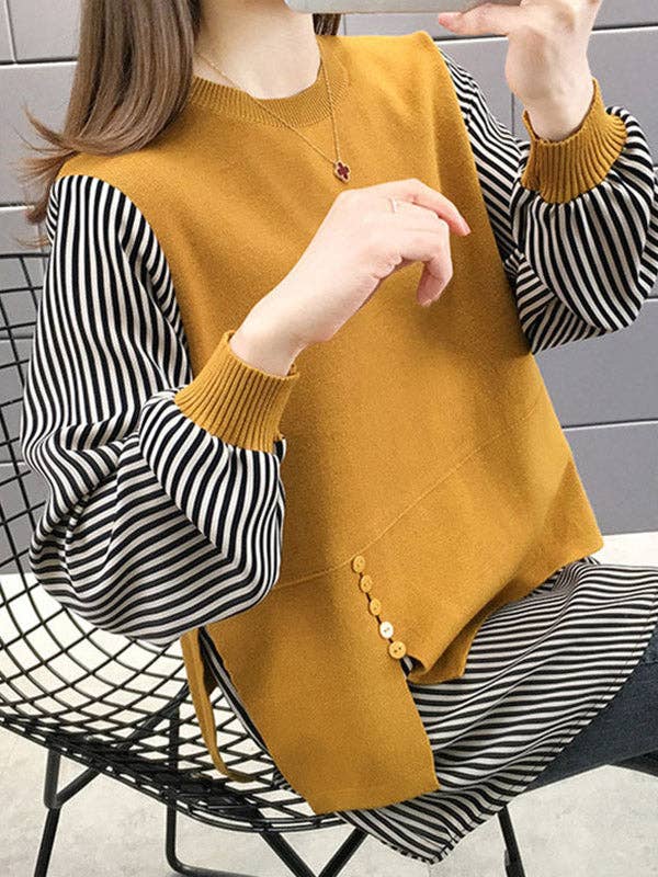 ShieldChic - Wholesale Knit Sweater - Women's - Original Loose Split-Joint 5 Colors Striped Round-Neck Long Sleeves False Two Sweater Top10