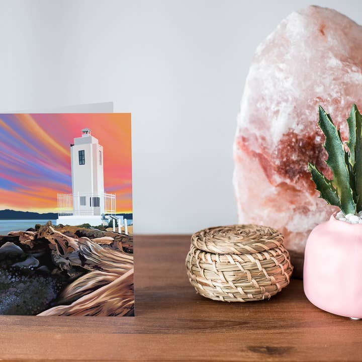 Linda Sholberg Art - Wholesale Everyday Greeting Card - Browns Point Lighthouse - Sunset Tacoma Greeting Card (5x7)