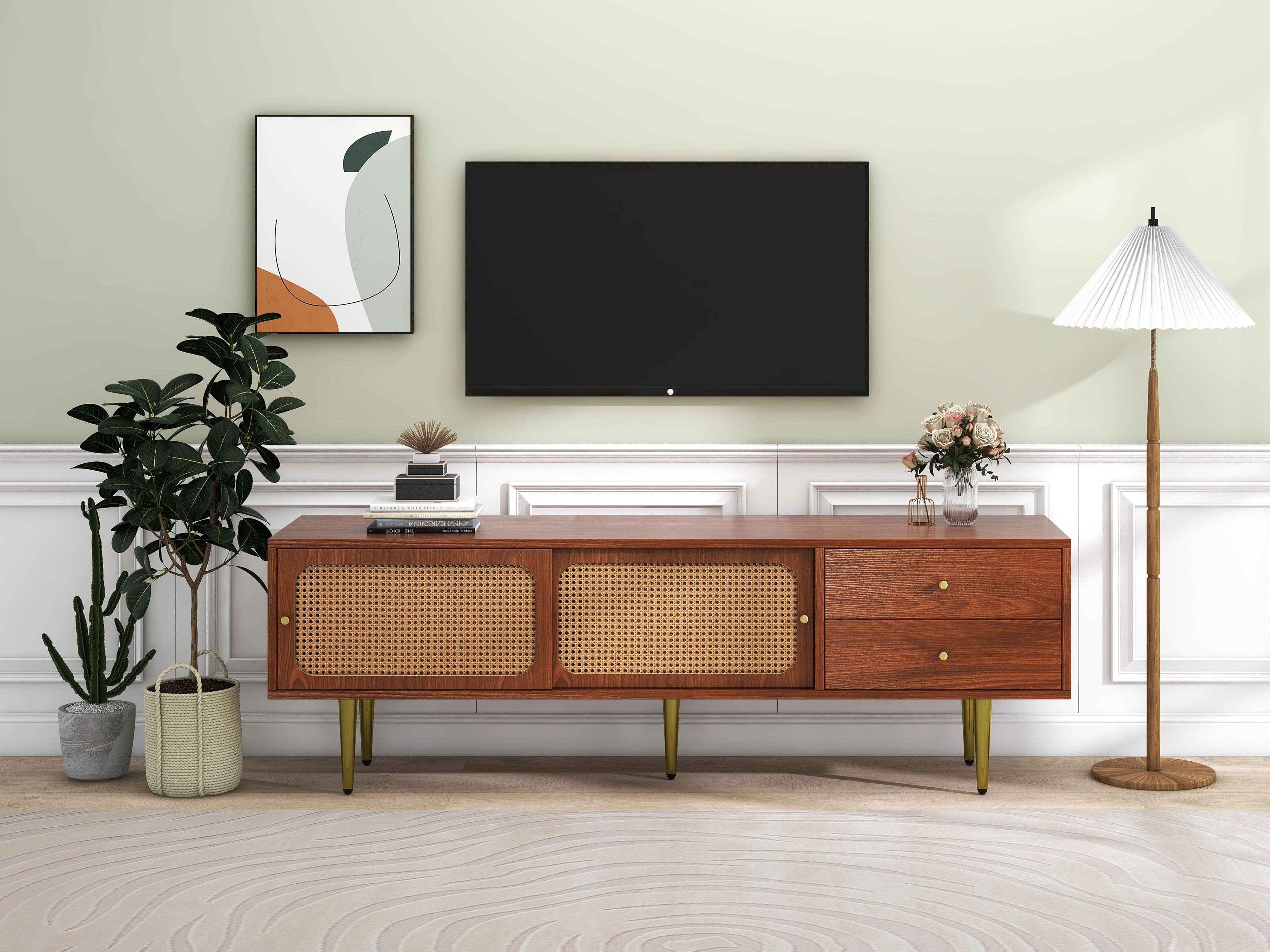 Urban Meuble - Wholesale Console Table - Dark wood effect rattan TV stand with 2 sliding doors, 2 drawers, and gold legs IZEID11