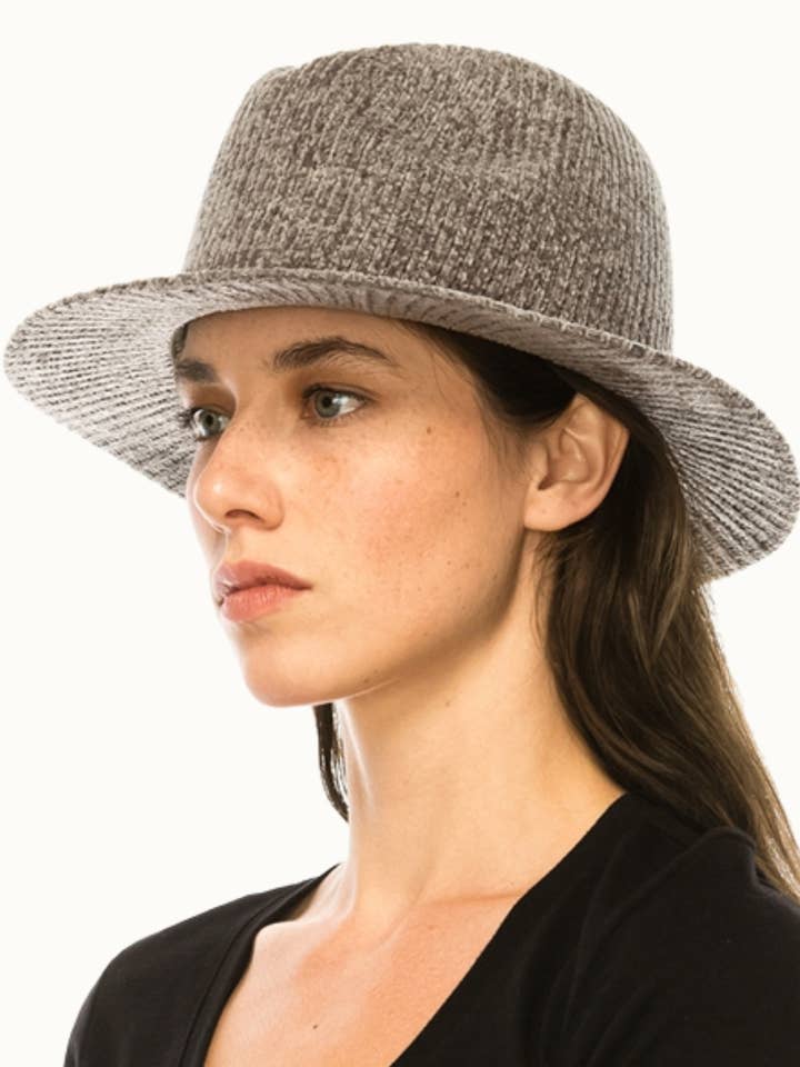 Chic Ribbed Chenille Knit Fedora with Simple Suede Belt for wholesale by Olive & Pique