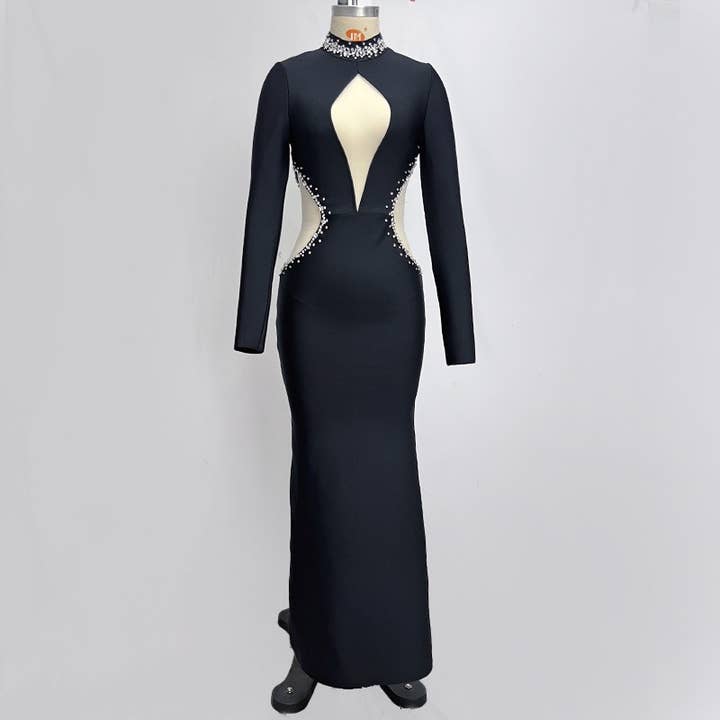 DR325 Elegant Rhinestone Black Bandage Maxi Gown for wholesale on Faire