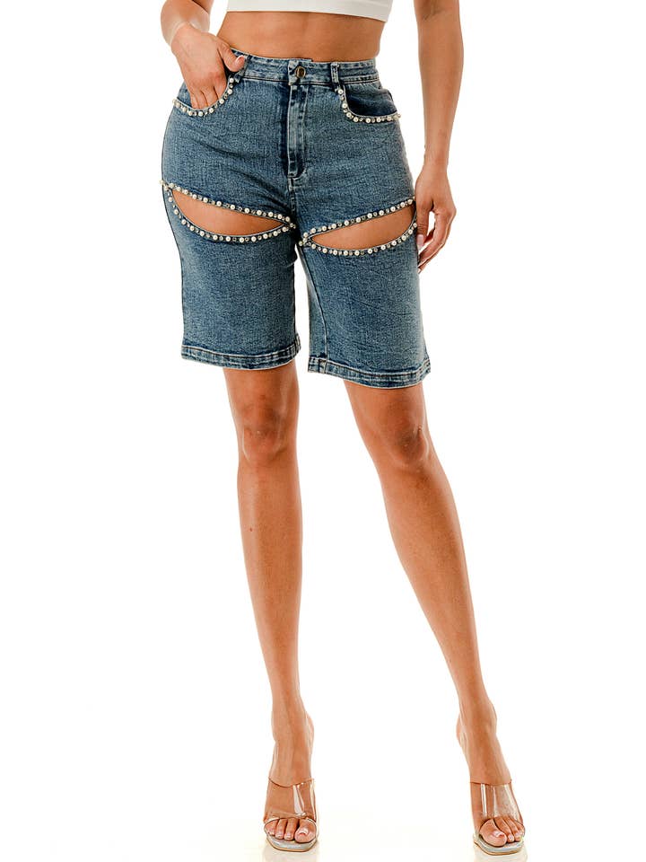 SALT - Wholesale Jeans - Women's - (SP3953) Embellished Pearl Cut-Out Shorts