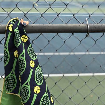 Clutch Towels - Wholesale Sports Towel - Small Tennis/workout Towels, Racquets on Blue Tennis