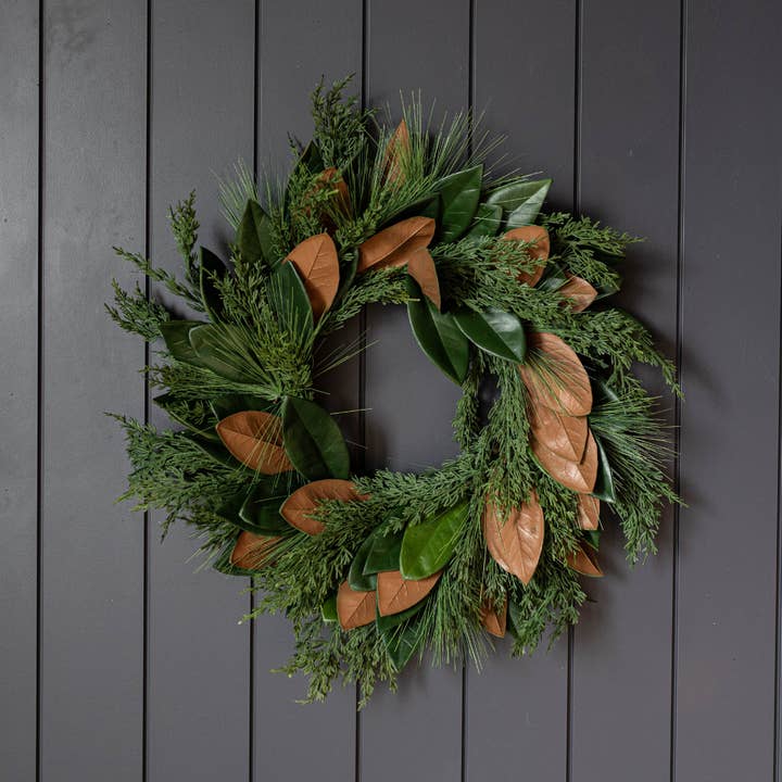 Magnolia Norfolk Cypress Mixed Real Touch Wreath - 24" for wholesale by Luxe B Co