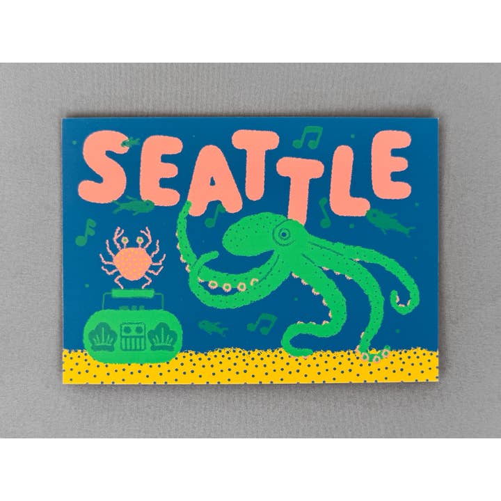 Wug Prints - Wholesale Postcard - Seattle Boombox Octopus Crab and Fish Postcard