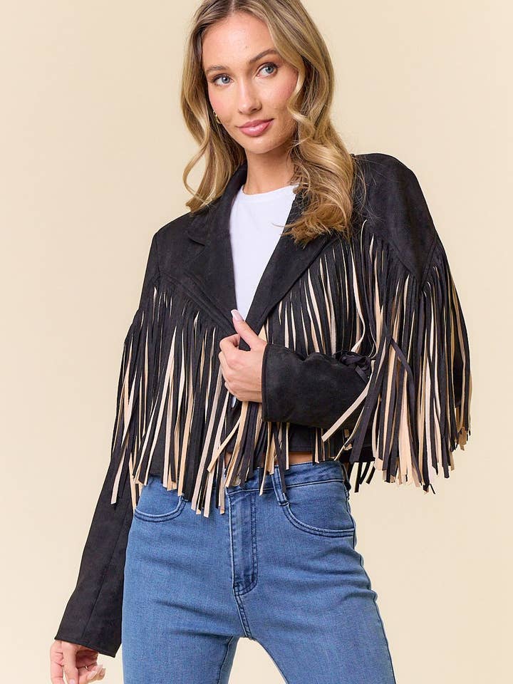 Saints & Hearts – Engroshandel Jakke - Dame – SIJ5279ABLACK FLERFARVET FRINGE ÅBEN FRONTJAKKE (Kopi (C