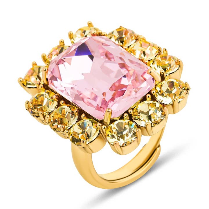 Ninon - Wholesale Cocktail/Statement Ring - Petite Ninon Square Sarı Pembe Yüzük0
