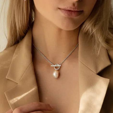 Gold Lunar - Wholesale Pendant/Charm Necklace - T-Bar & Pearl Drop Necklace – Gold or Silver Plated Modern