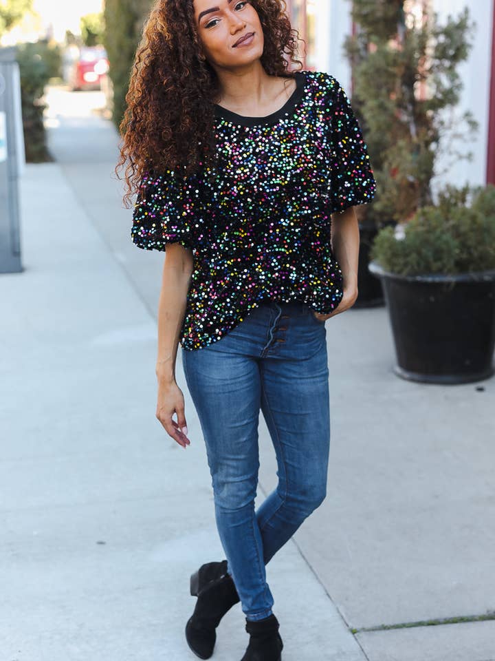 Promenade - Vente Chemisier – femme - Haut de fête en velours noir à sequins multicolores avec manches bouffantes (paquet ouvert)9