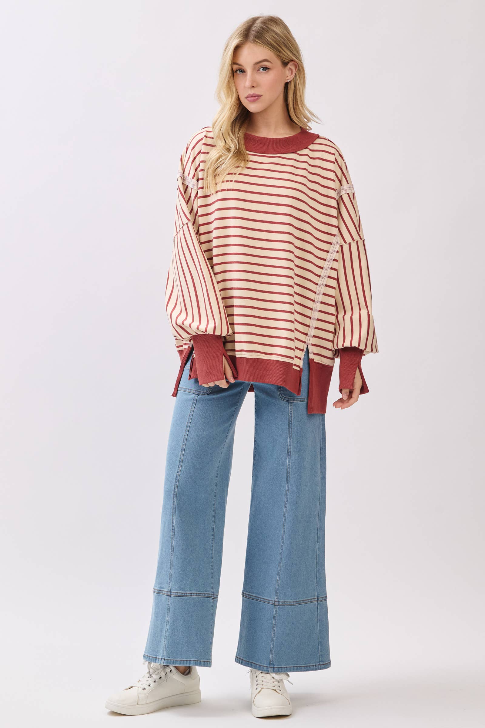 Sewn and Seen - Wholesale Sweatshirt - Women's - Striped Balloon Sleeve Terry Sweatshirt11