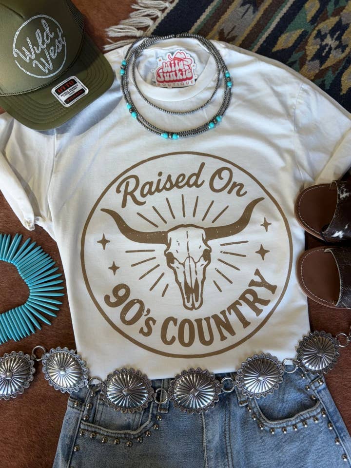Raised On 90's Country Steer Skull Graphic Tee for wholesale by Wild Junkie