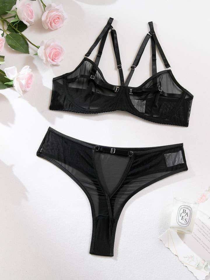 Zwart Sexy lingerieset in effen kleur R0076A voor groothandel op Faire0