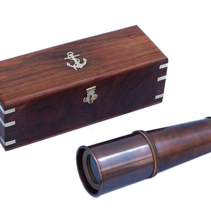 Telescopio de cristal de espía de cobre antiguo Deluxe Class de 27 pulgadas con caja de palisandro para venta al por mayor de Hampton Nautical