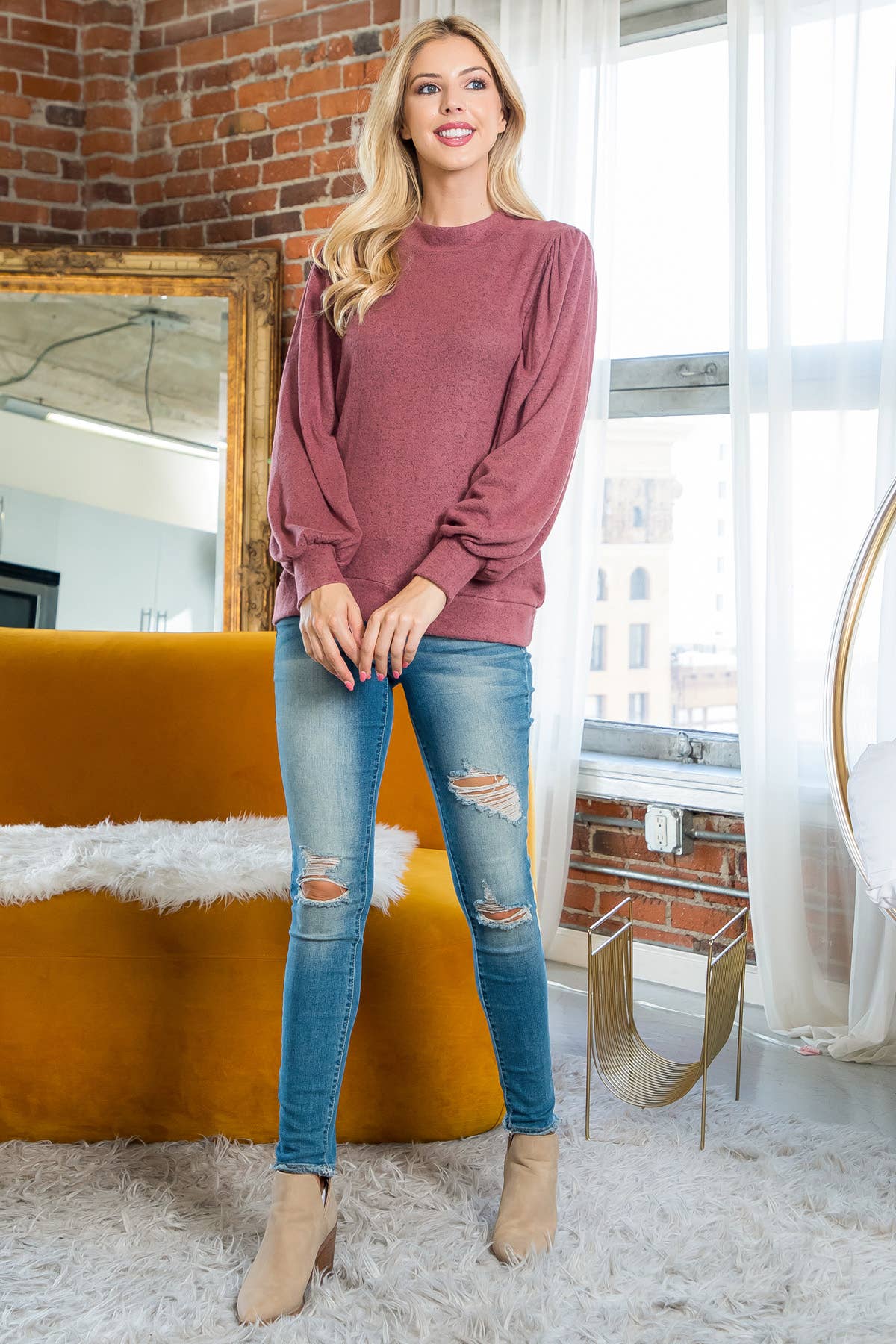 You & Me - Vente Haut en maille – femme - VENTE ! ! ! PPT21143 - HAUT À MANCHES BOUFFANTES À COL ROND - ANTHRACITE13