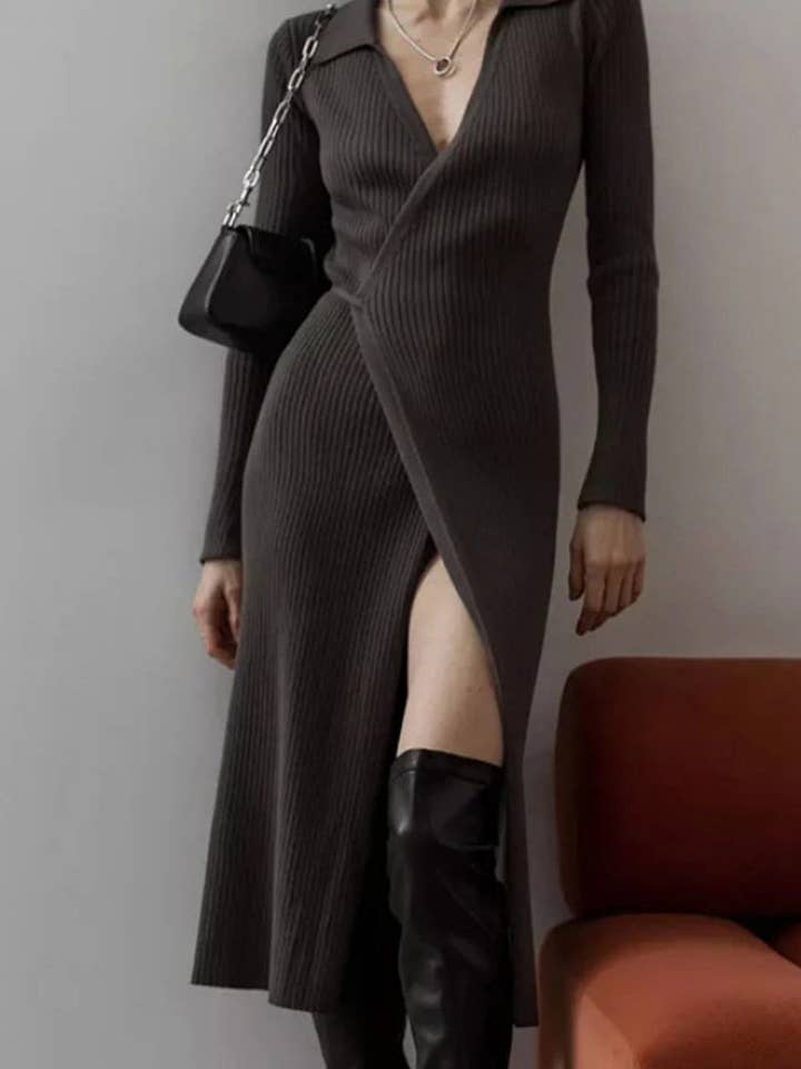 Ribbed V-Neck Midi Dress for wholesale by Mccolin