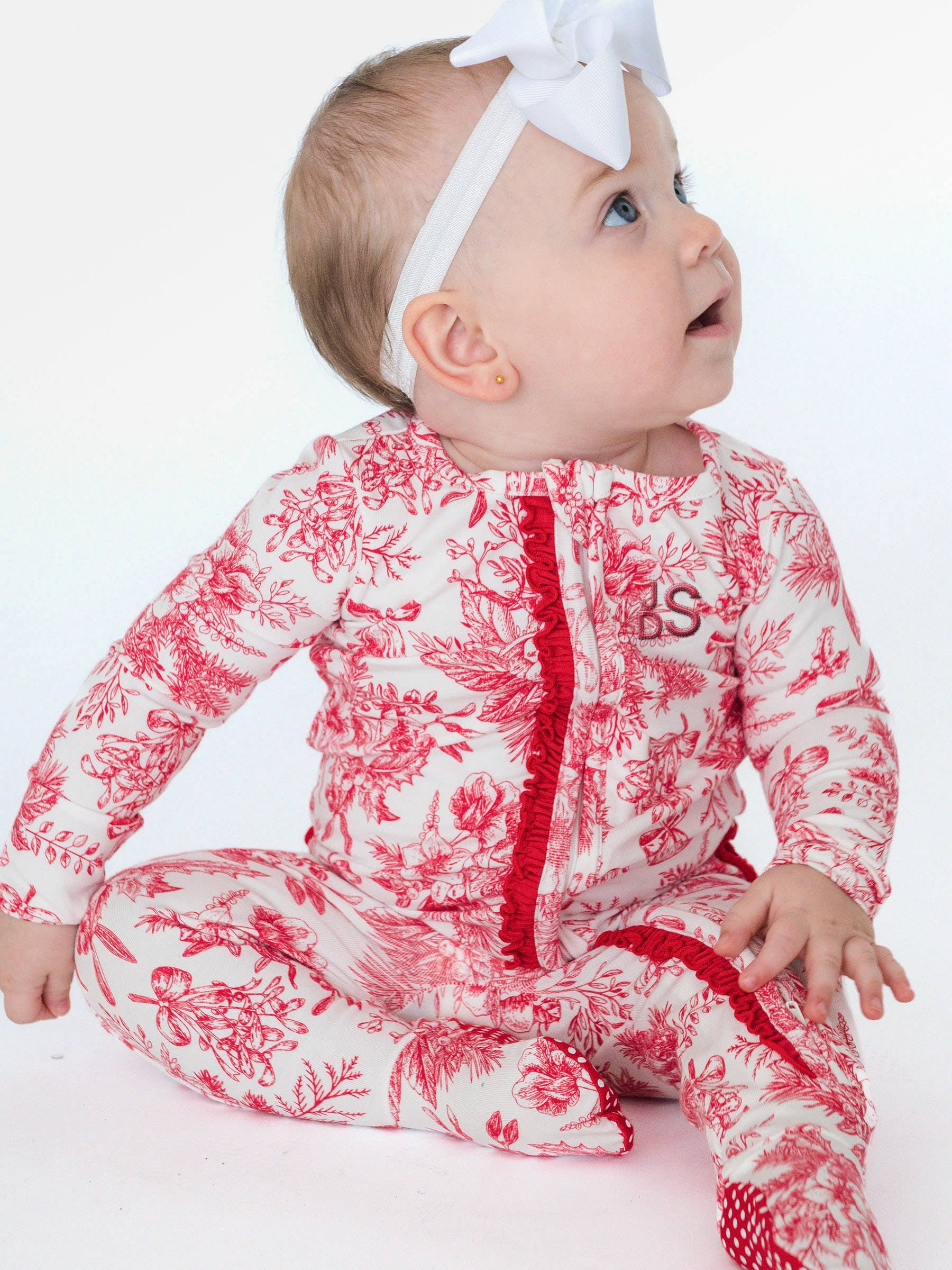 SoftSnooze™ Baby Girls Cotton Modal Red Jingle Toile the Way Footed Ruffle One Piece Pajama for wholesale on Faire3