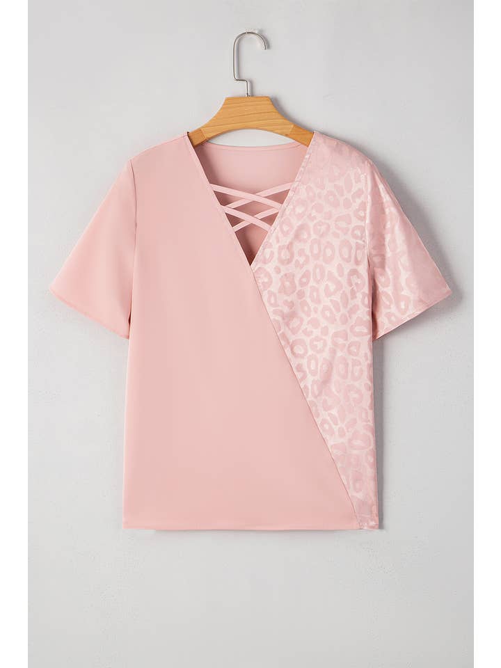 Pink Leopard Jacquard Patchwork Crisscross V-Neck Blouse (S-XL) for wholesale on Faire