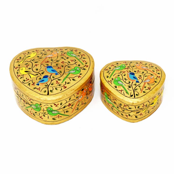 Hand Painted Kashmiri Papier Mâché Heart Box Gold Birds for wholesale by Fair to Trade Ltd