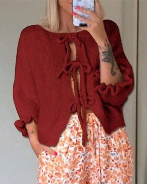 Rosa Clothing - Wholesale Cardigan - Women's - Drawstring Lace-Up Slouchy Cardigan3