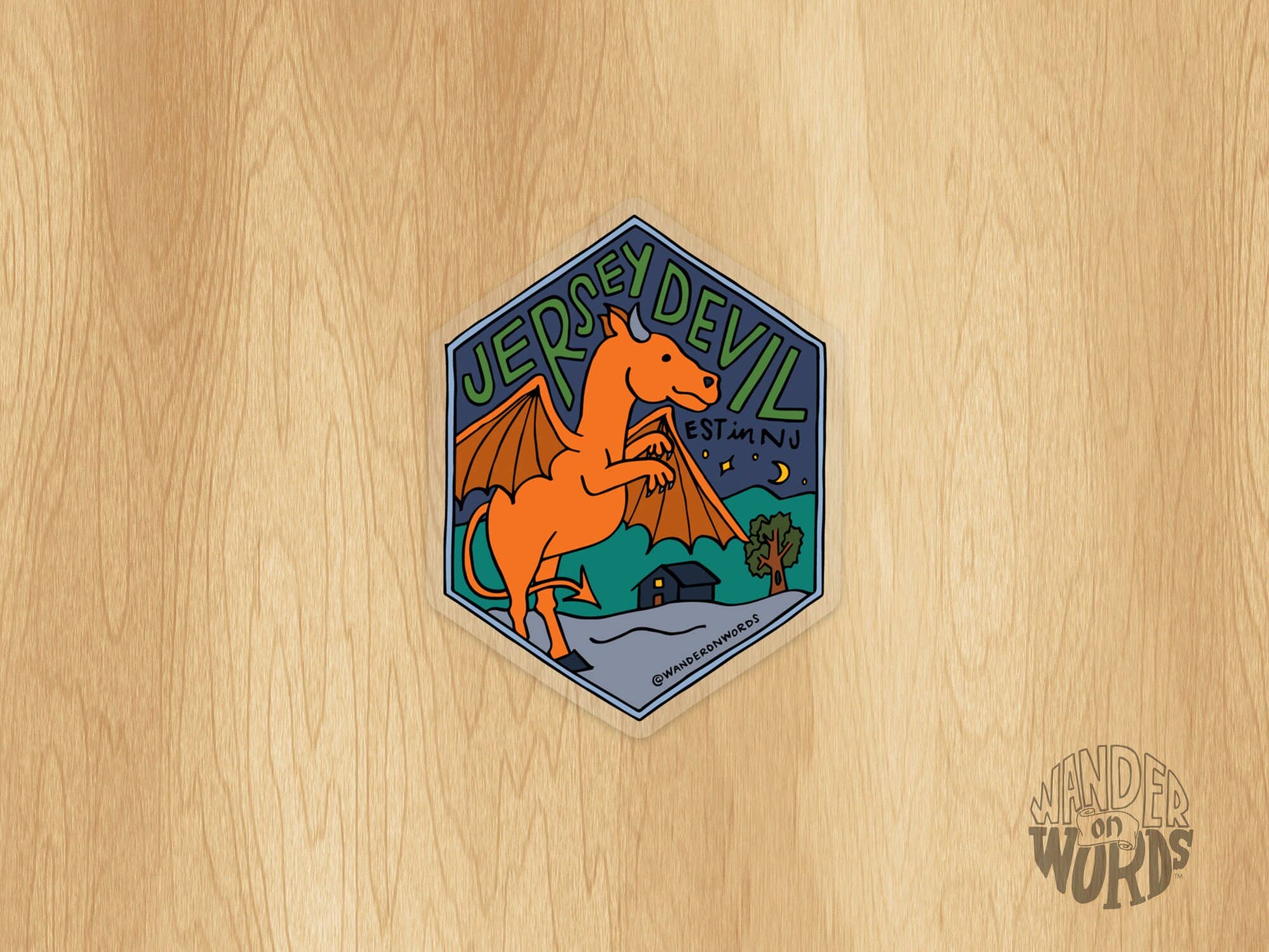 Wander On Words – Engroshandel Klistermærke – Håndbogstaverne Jersey Devil Sticker, New Jersey Sticker