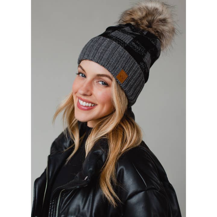 Panache Apparel Co. - Wholesale Beanie - Women's - Grey Buffalo Plaid Pom Hat