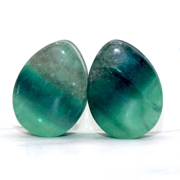 Rainbow Teardrop Fluorite Stone Plugs Colorful Blue, Green, Purple Natural Gauges Pair 6mm-36mm for wholesale by EC Plugs and Gems