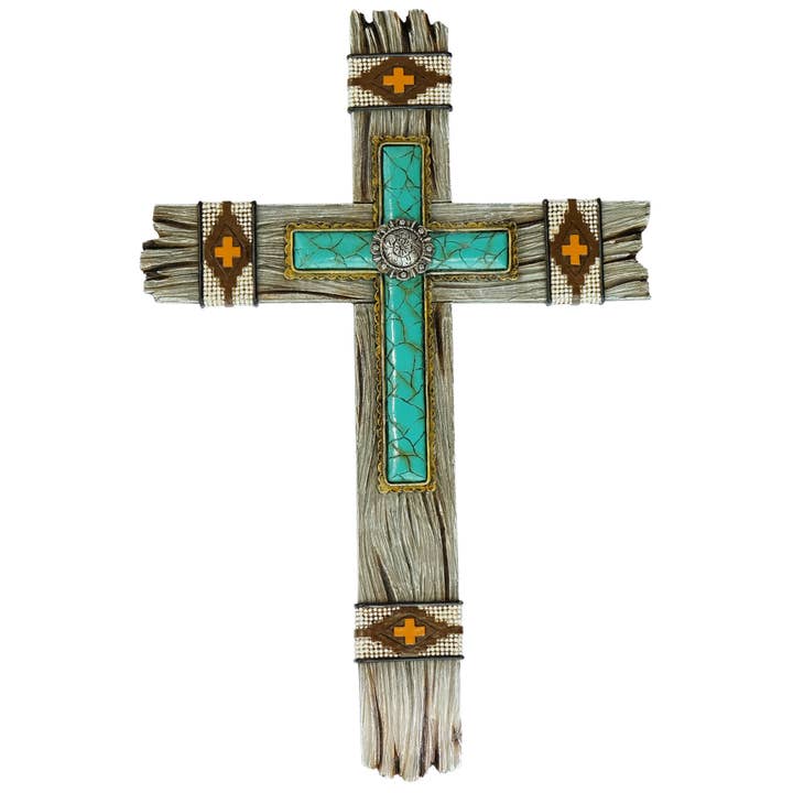 Resin Wood Southwestern Cross Turquoise Layer Cross Décor for wholesale by De Leon Collections