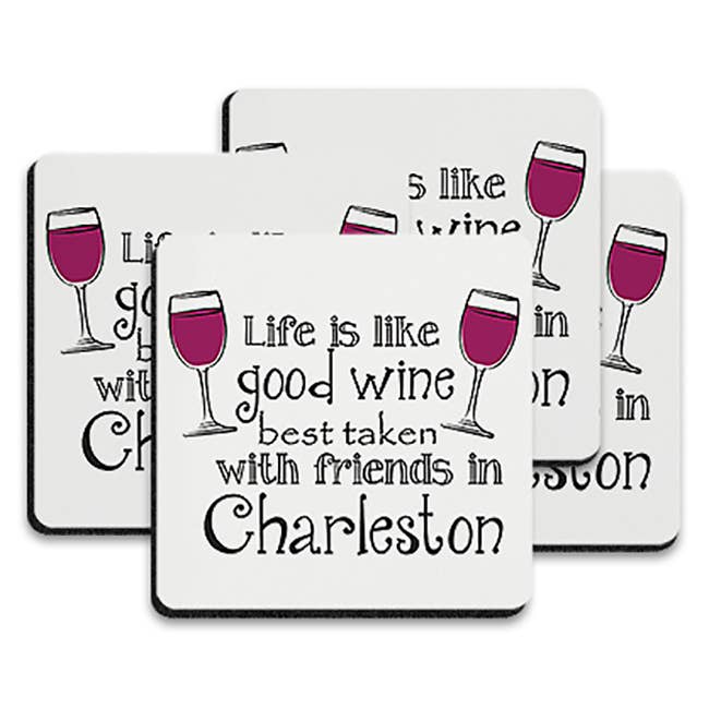 Rubber Coasters - In (town) wine flies when you're having for wholesale by Mariasch Studios